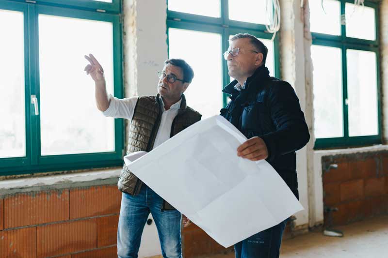 Besprechung der Elektroinstallationen auf der Baustelle – Kurt Falter sorgt für eine reibungslose Baubegleitung